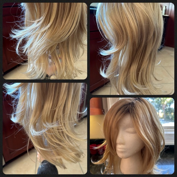 Wig Blonde Brown Roots Shoulder Length Long Shaggy Flaxen Free Part Side Part - Picture 6 of 16